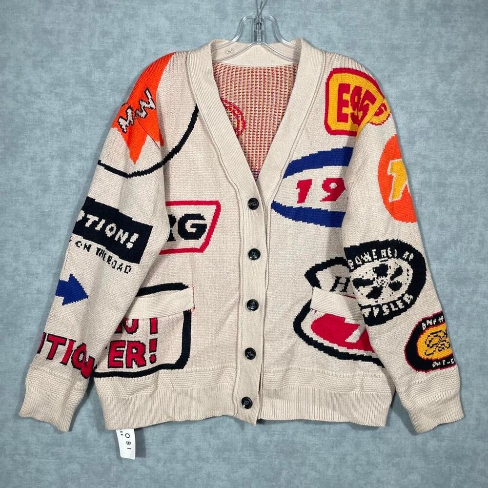 Unique artsy cardigan with road signs.